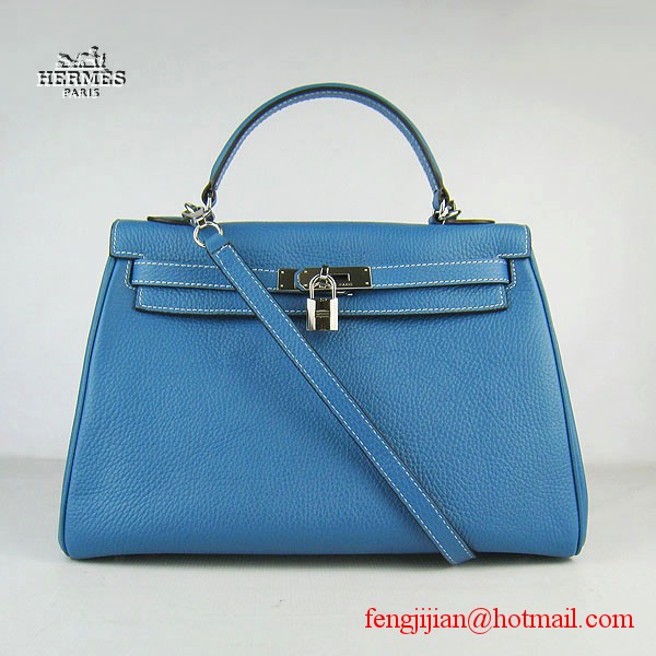 Hermes Kelly 32cm Togo Leather Bag Blue 6108 Silver Hardware